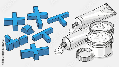 Blue geometric shapes and white cosmetic tubes and jars on a light background