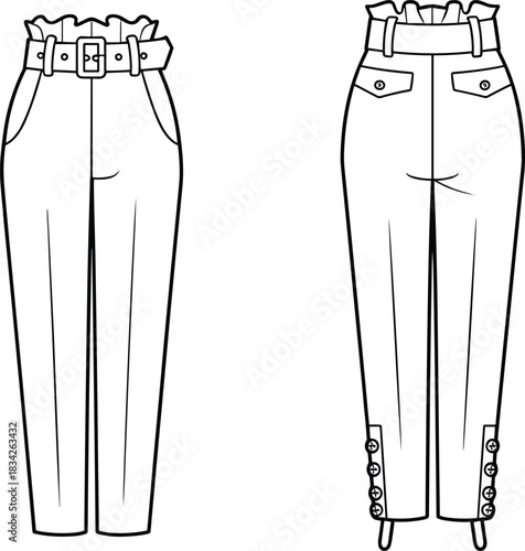 Front and back view fashion flat sketch of high waisted paperbag waist pants with belt trousers