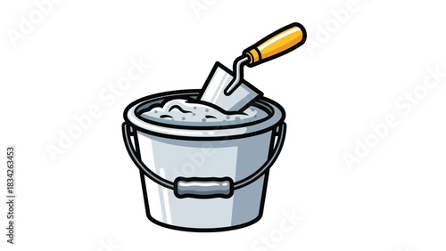 Cartoon bucket filled with gray powder and a trowel resting inside