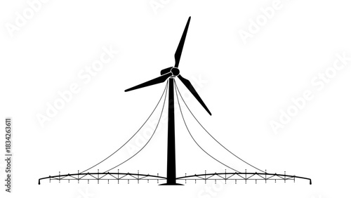 Stylized silhouette of a wind turbine with guy wires and base structure
