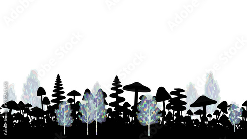 Whimsical forest silhouette with iridescent trees and mushrooms