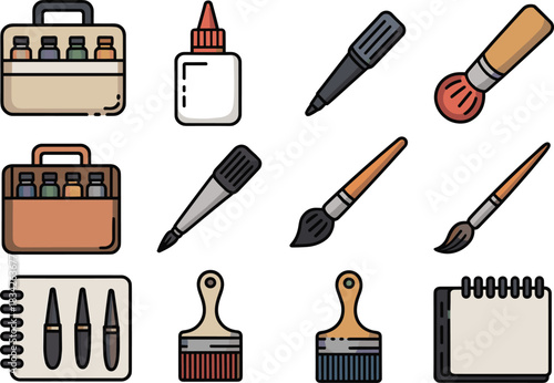 Collection of art supplies illustration with brushes, markers, paint sets, glue bottle, sketchbook, creative drawing tools for artists and students