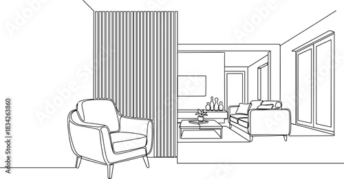 Contemporary One-Stroke Illustration of Armchair and Vertical Slat Interiors.