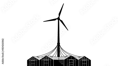 Wind turbine powering a series of greenhouses