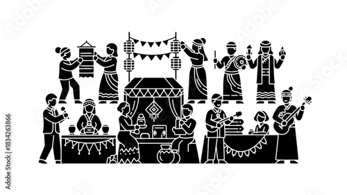 Diverse people celebrating at a vibrant cultural festival with music and crafts