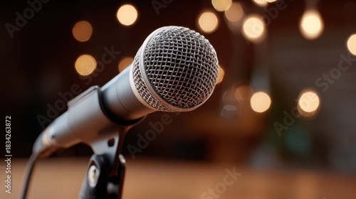 Rock Band Microphone Ready for a Performance with Warm Backdrop