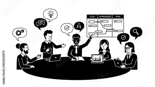 Team meeting discussing project progress on a kanban board