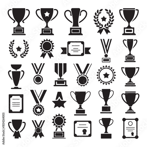 Set of winning award and prize icons, trophy reward icon vector