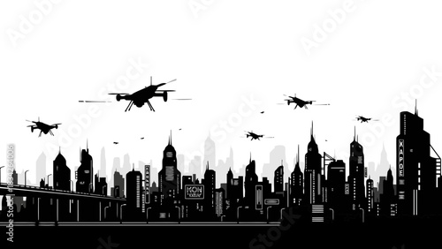 Futuristic cityscape with drones flying above silhouetted buildings
