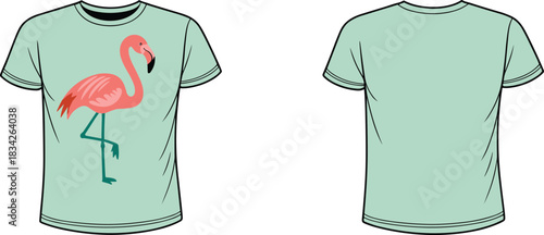 Front and back view of a light blue t-shirt with a pink flamingo graphic on a white background Keywords: t-shirt, shirt