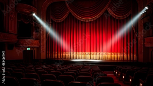 A theater poster evoking a timeless scene with a red curtain, inviting to discover a play full of history. Generative AI