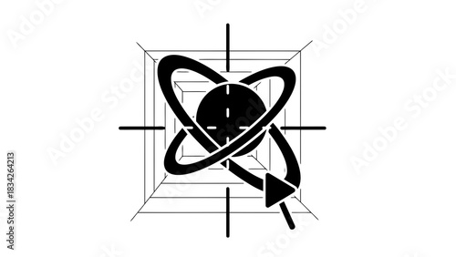 Abstract atomic structure with orbiting particles and target reticle