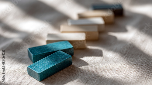 Wallpaper Mural Close-up of blue and beige wooden dominoes arranged on textured fabric with soft natural light and shadows creating depth and contrast Torontodigital.ca