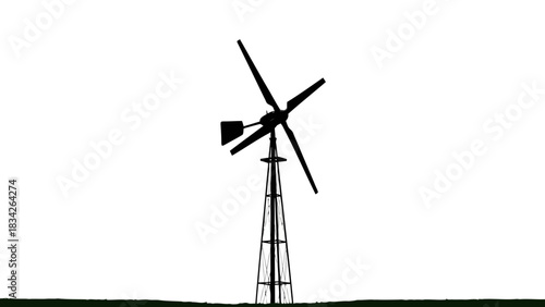 Silhouette of a classic farm windmill against a white background