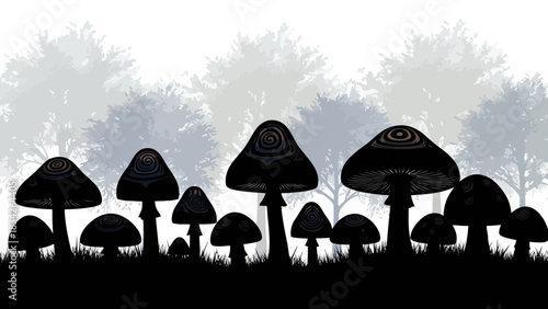 Enchanted forest silhouette of mystical mushrooms and trees