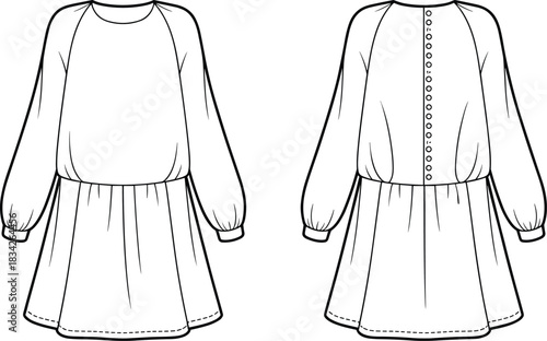 Front and back view of a long sleeve peasant dress with button back fashion illustration garment clothing