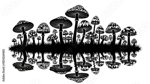 Black and white silhouette of mushrooms and their reflections