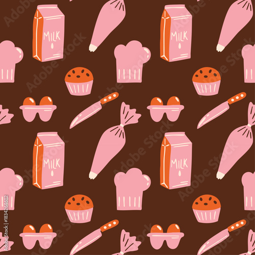 Baking time vector seamless pattern design with cute cartoon retro colorful illustration of different kitchen cooking equipment, tools, whisk, rolling pin, spoon, apron for recipe books, culinary blog