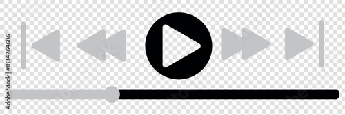 Audio or video player progress loading bar with time slider, play, rewind buttons. Simple template of media device playback panel interface. Minimalist web display. White light theme