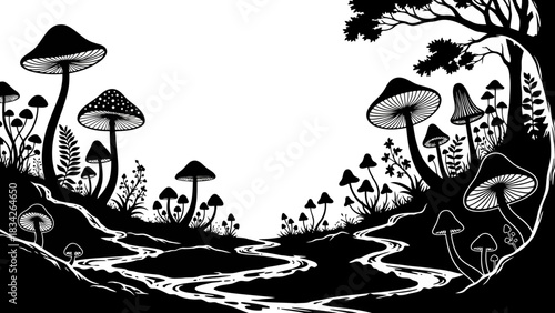 Whimsical mushroom forest with winding stream and silhouette tree