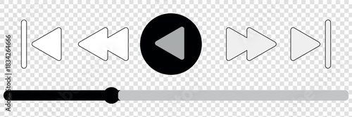 Audio or video player progress loading bar with time slider, play, rewind buttons. Simple template of media device playback panel interface. Minimalist web display. White light theme