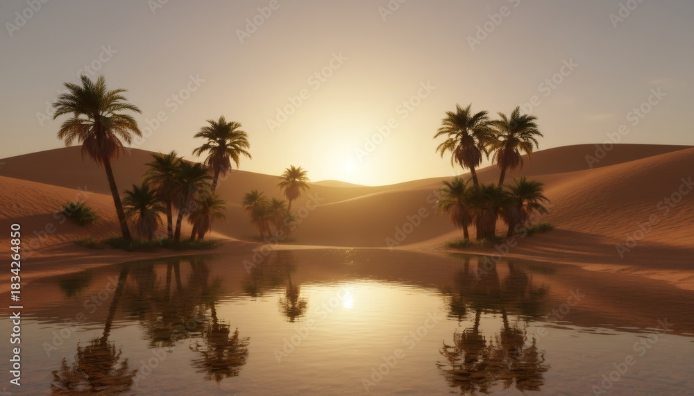 Obraz premium Desert oasis with palm trees and water reflecting the sunset. Natural landscape for travel, adventure, and middle eastern themes. Peaceful desert scene.