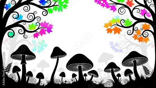 Whimsical forest scene with colorful leaves and silhouetted mushrooms