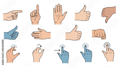 Collection of hand gestures including pointing thumbs updown tapping and rotation