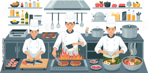 Professional chefs cooking various dishes in modern restaurant kitchen, culinary teamwork illustration with food preparation, grilling, slicing, noodle making scene