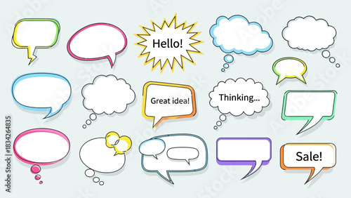 Collection of stylized colorful comic book speech and thought bubbles on a light background