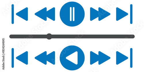 Audio or video player progress loading bar with time slider, play, rewind buttons. Simple template of media device playback panel interface. Minimalist web display. White light theme