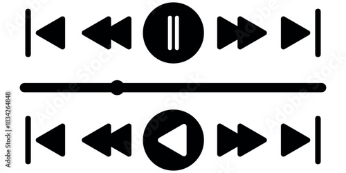 Audio or video player progress loading bar with time slider, play, rewind buttons. Simple template of media device playback panel interface. Minimalist web display. White light theme
