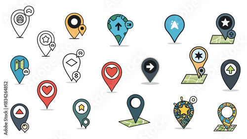 Collection of various map location pin icons in outline and color styles