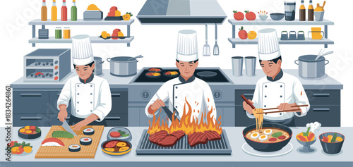 Professional chefs cooking various dishes in modern restaurant kitchen, culinary teamwork illustration with food preparation, grilling, slicing, noodle making scene