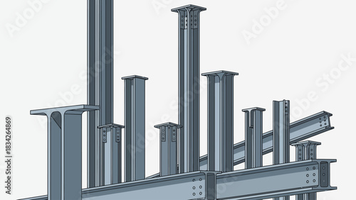 Computergenerated visualization of bolted steel structural framework with multiple columns and beams
