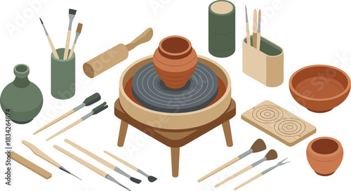 Isometric pottery studio illustration with clay wheel, brushes, tools, ceramic vases, bowls, crafting materials, handmade art workshop equipment