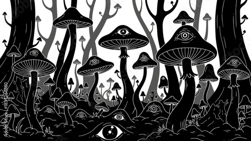 Mysterious forest of mushrooms with all seeing eyes
