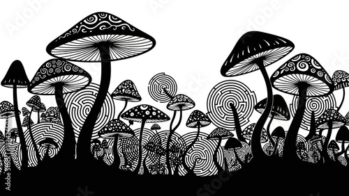 Whimsical black and white psychedelic mushroom forest with maze patterns