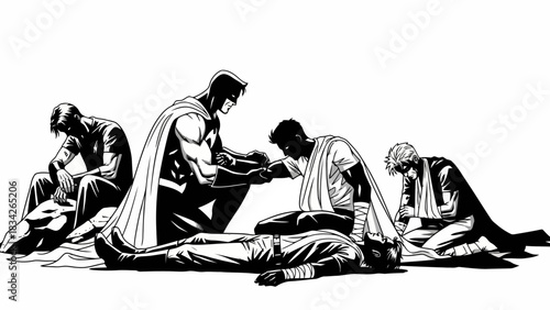 Superheroes tending to their fallen comrade in a moment of solemn reflection