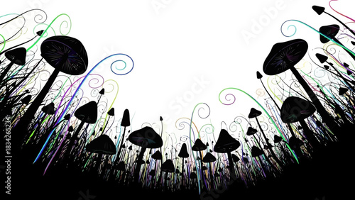 Whimsical silhouette mushrooms with colorful swirling stems