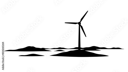 Silhouette of a wind turbine against a landscape with rolling hills