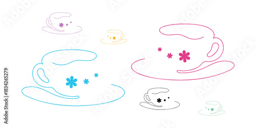 A set of minimalist outline coffee cups with floral elements in various colors. Perfect for menus, packaging, logos, stickers, cafe decor, and design projects. Image. Template. Vector. Sticker. Art. 