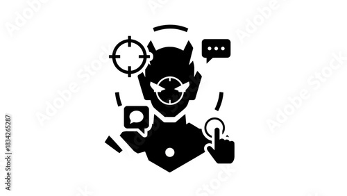 Futuristic character with communication and targeting icons