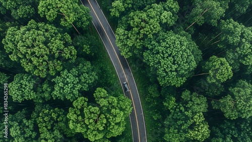 red car amidst green canopy aerial view of a road cutting through the forest