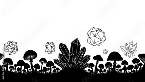 Whimsical black and white silhouette of mushrooms and geometric crystals