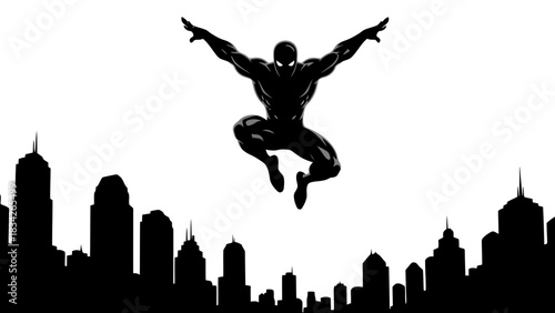 Black suit superhero leaping over city skyline silhouette