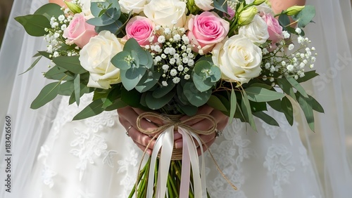 Elegant bridal bouquet with delicate pink and white roses for a wedding