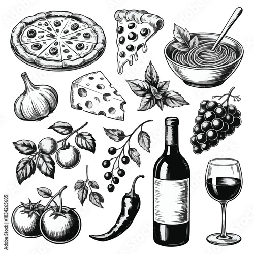 Hand-drawn Italian Food and Drink Ingredients Collection
