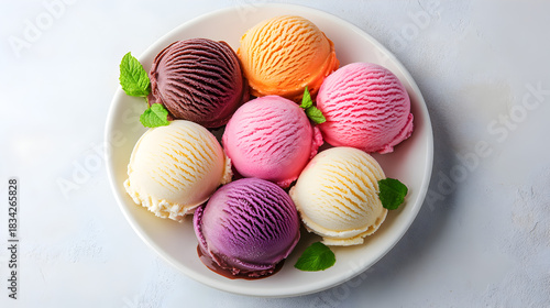 Assortment of colorful ice cream scoops served on a white plate