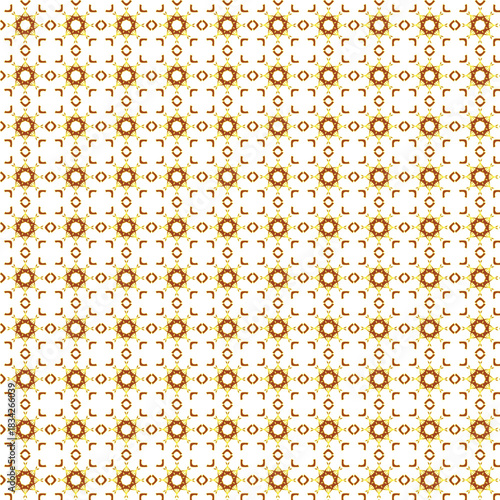 Intricate geometric mosaic pattern with repeating circular and square motifs in warm golden and muted pastel hues